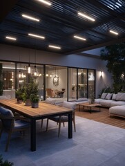 a modern outdoor terrace at night, adorned with garden furniture and contemporary LED lighting, with a spacious glass door leading to a lounge area.