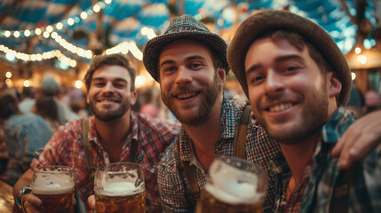 Friends in lederhosen and dirndl sharing beer, laughing together during Oktoberfest celebration in Munich, Bavaria