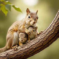 A family of squirrels, two juvenile squirrels sitting on a tree branch, cute, adorable, high-quality, realistic, detailed, cinematic, award-winning wildlife 