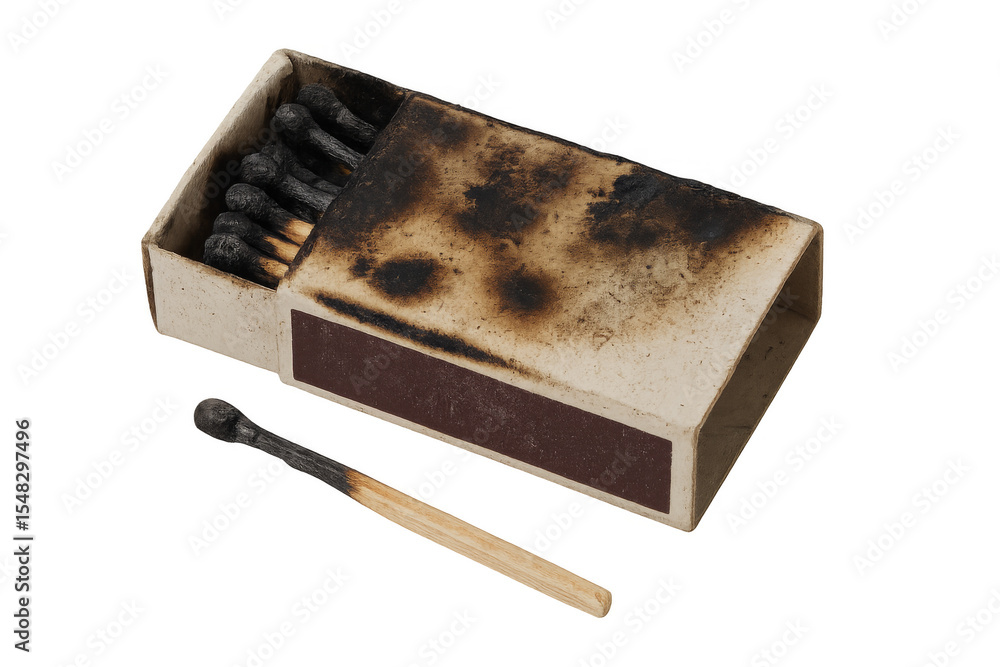 Poster burnt matchbox and used match on transparent background