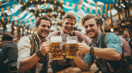 Three happy friends wearing traditional bavarian clothes are toasting with large beer mugs at Oktoberfest, Germany
