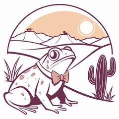 Shy Frog with wearing a bowtie, set in a charming Desert sunset theme – Sundown Glow color vector art