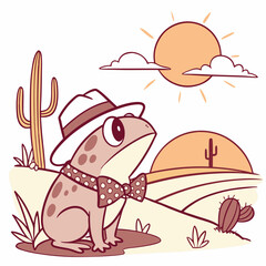 Shy Frog with wearing a bowtie, set in a charming Desert sunset theme – Sundown Glow color vector art