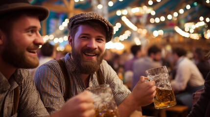 Bavarian-dressed friends sharing beer, laughing together inside packed Oktoberfest festival tent in Munich, Germany