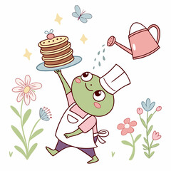 Vector illustration of a Silly Frog with balancing a stack of pancakes, styled in a Spring garden theme using Spring Garden colors