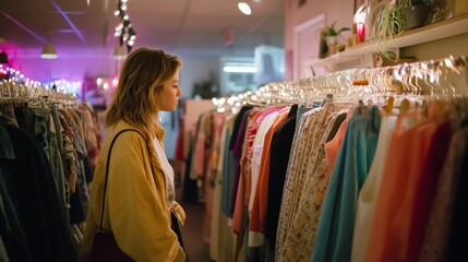 Obraz premium Young woman browsing vintage clothing racks in trendy shop during evening hours with soft lighting