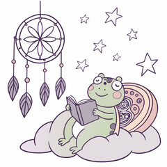 Delightful Joyful Frog in a Fantasy dream scene with reading a book – Dreamland vector illustration