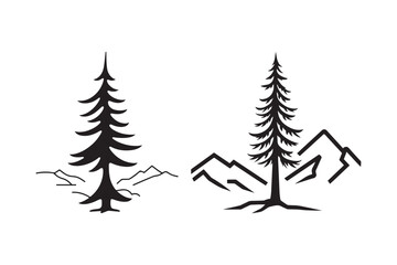Obraz premium Minimalist Pine Tree and Mountain Silhouette Vector Set