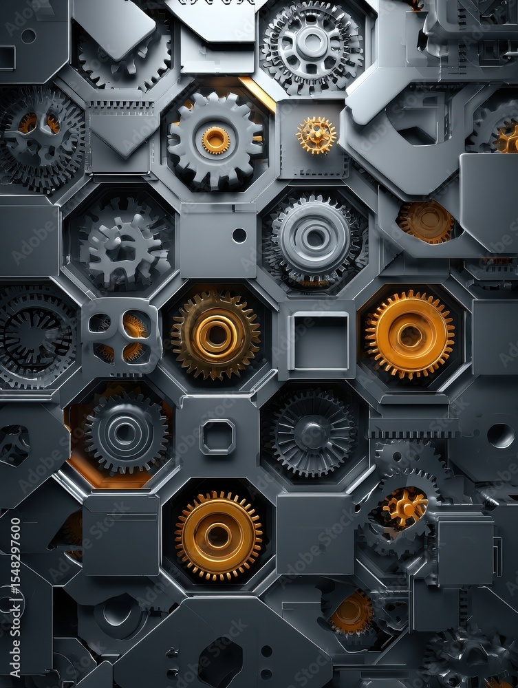 Poster abstract technology background featuring gears and hexagons in a futuristic gray design