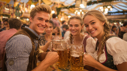Happy friends wearing traditional Bavarian clothes are toasting with large beer mugs at Oktoberfest in Munich