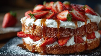 Rustic style strawberry cake with drippy cream layers and sliced strawberries