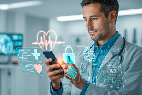 Doctor holding smartphone examines digital health holograms in modern clinic. Images display heart rate data, medical records, and security icons, highlighting healthcare technology.