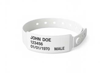 White hospital identification bracelet showing patient personal data on transparent background