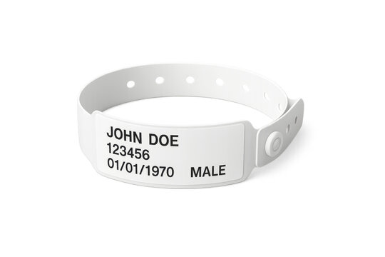 White hospital identification bracelet showing patient personal data on transparent background