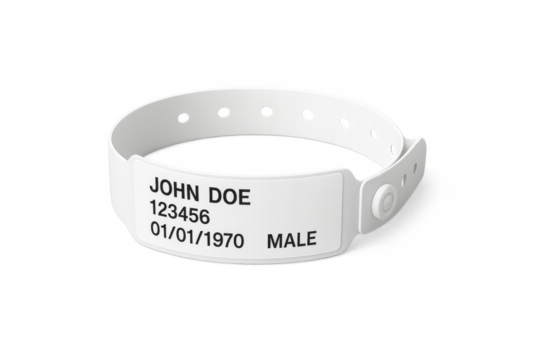 White hospital identification bracelet showing patient personal data on transparent background