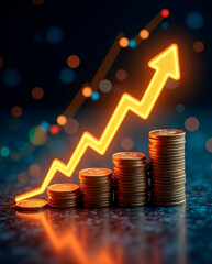 Stacks of coins rise alongside a bright, glowing upward arrow, symbolizing financial growth and investment success in a contemporary environment filled with ambient light.