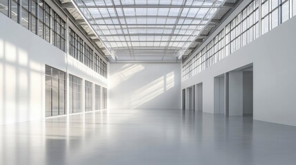 Fototapeta premium Empty modern warehouse interior, sunlight through skylights. Possible use Industrial space, architectural design