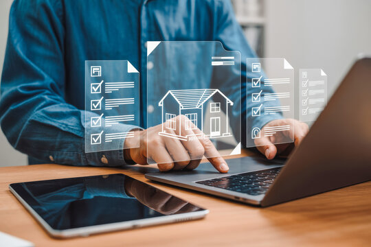 A person in a blue shirt uses a laptop, surrounded by digital icons of documents and a house model, suggesting digital real estate management or online property analysis.