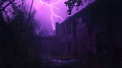 Mysterious Storm: Lightning Strikes an Abandoned Building Under a Purple Sky