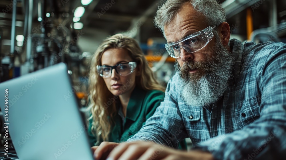 Poster two engineers collaborate intently in a workshop environment, reflecting the importance of teamwork,
