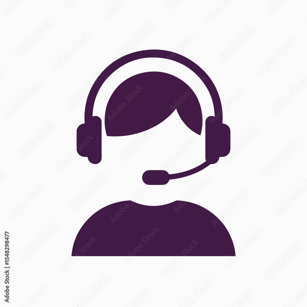 Poster customer support agent icon. purple customer service representative silhouette with headset. profess