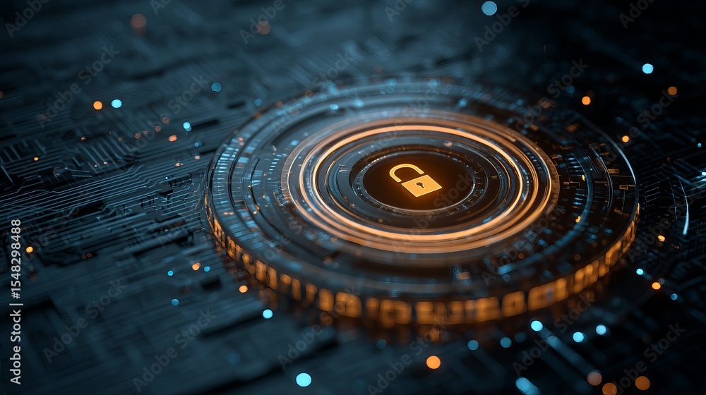 Poster abstract digital security system futuristic technology network padlock orange glow cyber protection 