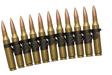 Bullets linked together forming a cartridge belt on transparent background