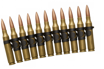 Bullets linked together forming a cartridge belt on transparent background