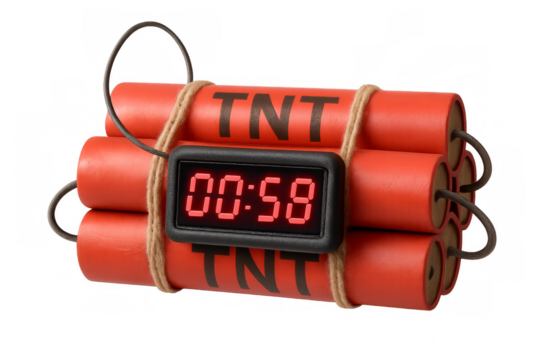 Tnt dynamite bomb explosives with a digital timer counting down on transparent background - Powered by Adobe