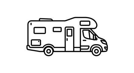 Black and White Line Art Motorhome Illustration on White Background