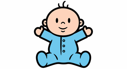 Cartoon Baby in Blue Onesie with Arms Outstretched, Smiling, Sitting.