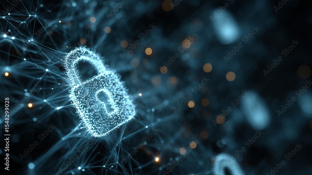 Poster abstract digital network security padlock blue light glowing particle modern technology data protect