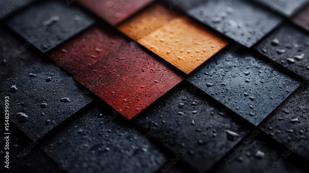 Poster this image features a close-up view of vibrant, textured tiles with water droplets, creating a visua