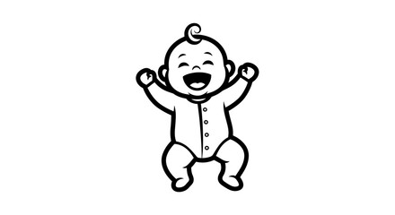 Cheerful Baby Illustration: Black and White Outline, Joyful Expression