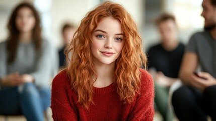 Obraz premium A young woman with vibrant red hair and a warm smile is seated in a modern setting, radiating confidence and inviting connection, surrounded by a blurred group of people.