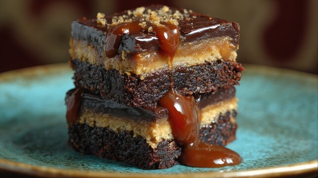 Stack of layered brownies with chocolate drizzle and fudge center on a ceramic plate