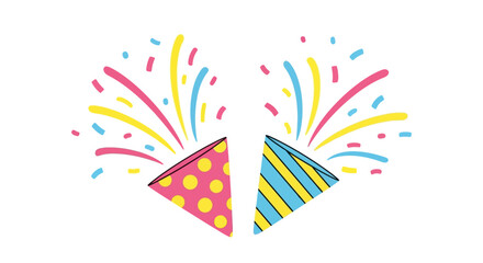 Obraz premium Colorful Party Poppers Exploding with Confetti on White Background