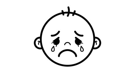 Crying Baby Face Icon with Tears, Sad Expression, Black and White Outline