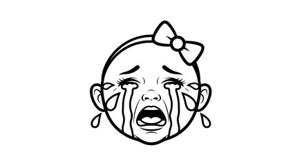 Crying Baby Face with Bow, Tears, Open Mouth, Black Outline Illustration