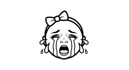 Crying Baby Face with Bow, Tears, and Open Mouth, Black and White