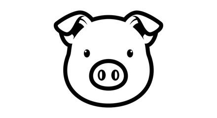 Cute Black Outline Cartoon Pig Face, Front View