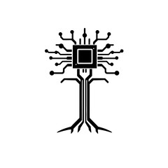Abstract Digital Tree with Circuit Board Roots and Chip Processor Technology Nature Integration Vector Illustration