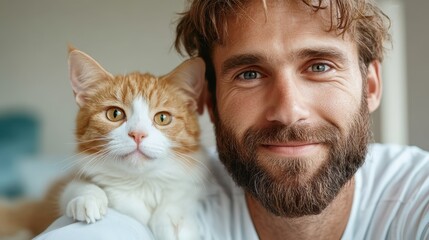 A smiling man poses with a fluffy cat, showcasing the affectionate bond between humans and pets, filled with warmth, love, and companionship in a cozy setting.