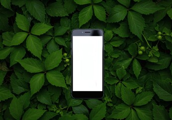 Stock photo of mobile phone mockup on green leaves background for nature app promotion or eco tech blog