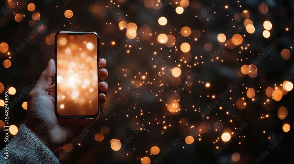 Poster A close-up of a hand holding a modern smartphone, showcasing a shimmering background of blurred sparkling lights creating a magical and enchanting atmosphere.