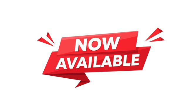 Red Ribbon Banner with "Now Available" Text on White Background