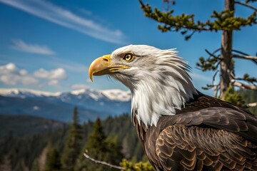 Obraz premium Majestic Bald Eagle Perched High Above Mountain Range