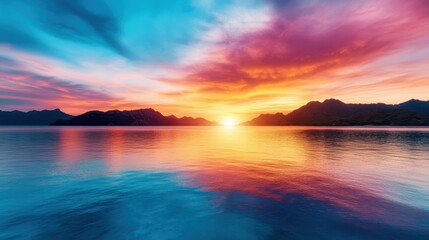 Obraz premium A mesmerizing sunset casts vibrant colors over a calm body of water, reflecting hues of orange, purple, and blue that invoke tranquility and inspire moments of peacefulness and reflection.