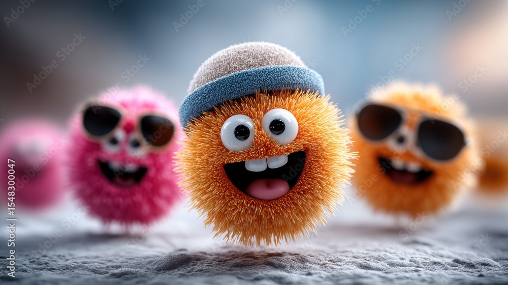 Poster brightly colored fuzzy characters with sunglasses and hats are smiling and playfully interacting in 