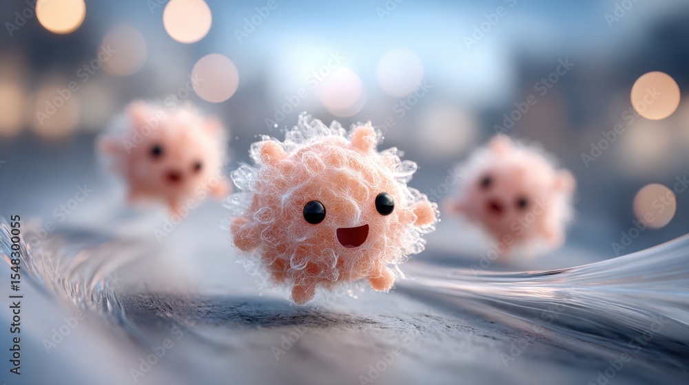 Poster three cute, cartoon-like microbes with fluffy textures are joyfully bouncing in a bright and vibrant
